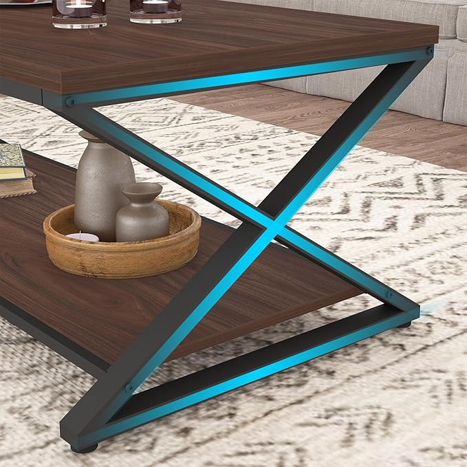 HSH Walnut 2 Tier Storage Coffee Table, Modern Rectangle Center Table for Living Room, Industrial Minimalist Wooden Metal Cocktail Tea Table, Home Office Rustic Simple Display Coffee Table, 39 Inch