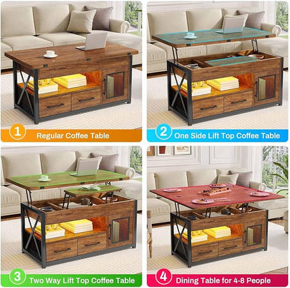 Itaar 40" Lift Top Coffee Table, 4 in 1 Coffee Tables with Storage Cabinet for Living Room, Small Farmhouse Coffee Table with 2 Fabric Drawers & LED Light for Dining Room, Rustic Brown