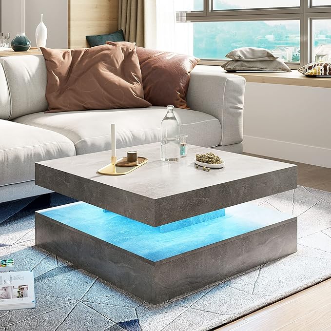Grey LED Coffee Table for Living Room, Living Room Table 2-Tier Square Middle Center Table, Modern Coffee Tables with Storage, Contemporary Wood Tea Tables for Dining Reception