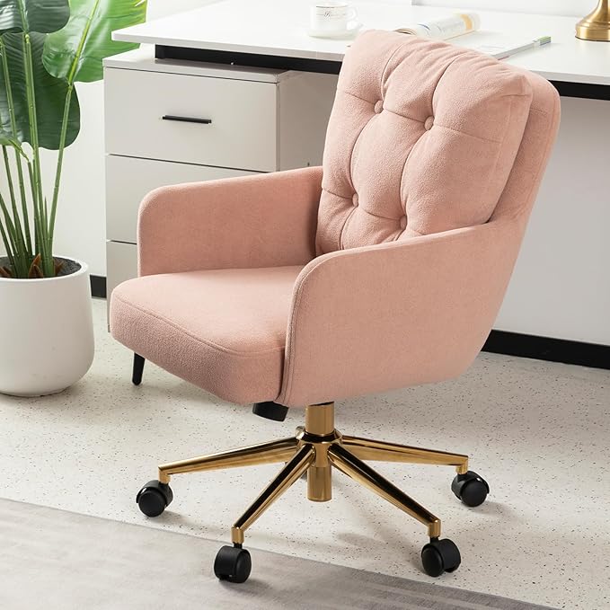 Flannel Office Chair, Comfy Home Office Desk Chairs with Lumbar Support, Modern Velvet Desk Chair Gold Legs Small Swivel Task Chair for Home Office, Bedroom, Study (Pink, L)