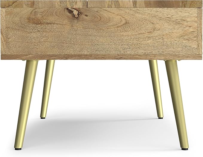 SIMPLIHOME Jager Lift Top Coffee Table - 36 inch Wide Solid Mango Wood Contemporary Modern Cocktail Table in Natural, Stylish Living Room Table with Hidden Storage, Brass Inlay, and Gold Metal Legs