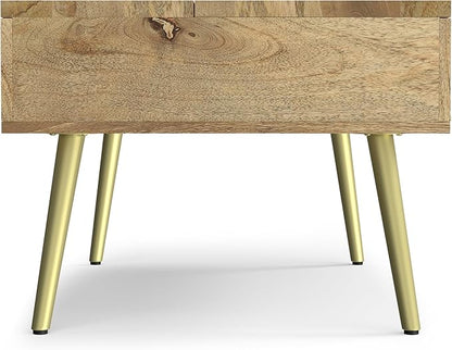 SIMPLIHOME Jager Lift Top Coffee Table - 36 inch Wide Solid Mango Wood Contemporary Modern Cocktail Table in Natural, Stylish Living Room Table with Hidden Storage, Brass Inlay, and Gold Metal Legs