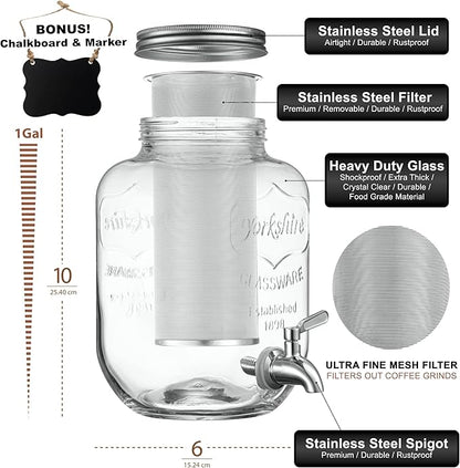 1 Gallon Cold Brew Coffee Maker - 3rd Generation Fine Mesh Filter - Stainless Steel Spigot - Extra Thick Large Glass Mason Jar Drink Dispenser Carafe, Iced Coffee Maker & Sun Tea Pitcher with Infuser.