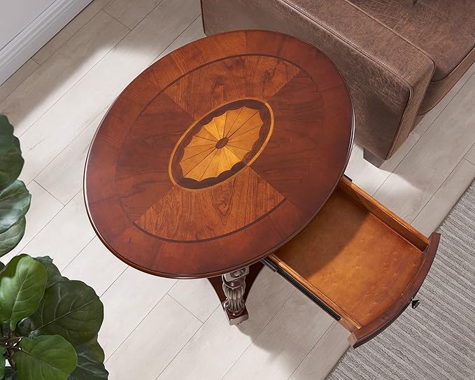 Solid Wood Oval End Table with Drawer and Storage Shelf, Traditional Vintage Side Table Polished Edging Bedside Nightstand for Living Room Bedroom Home, Cherry Walnut