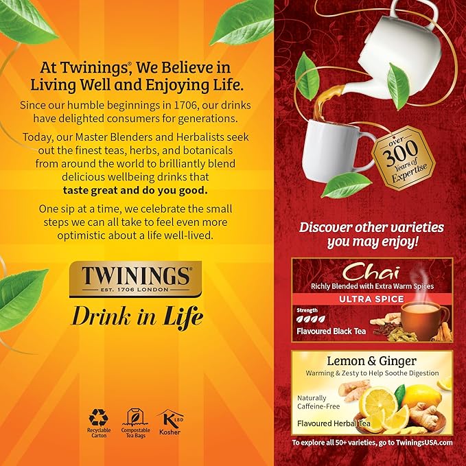 Twinings Chai Black Tea Individually Wrapped Bags, 25 Count (Pack of 6), Sweet, Savoury Spices, Caffeinated, Enjoy Hot or Iced, 150 Teabags