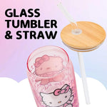 Load image into Gallery viewer, Silver Buffalo Sanrio Hello Kitty Waving Pink Glass Jar Tumbler with Bamboo Lid and Glass Straw, 16 Ounces