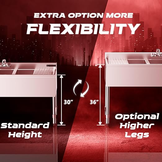 DuraSteel 3 Compartment Under Bar Sink - CEC & NSF 304 Stainless Steel 3 Bay Utility Sink with No Lead Faucet - 60" L x 19" W x 33" H - Double Drainboard Commercial Restaurant Grade