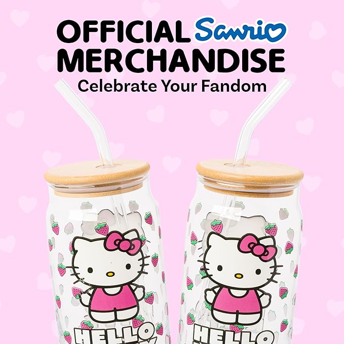 Silver Buffalo Sanrio Hello Kitty Strawberry Glass Jar Tumbler with Bamboo Lid and Glass Straw, 16 Ounces