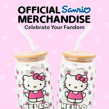 Silver Buffalo Sanrio Hello Kitty Strawberry Glass Jar Tumbler with Bamboo Lid and Glass Straw, 16 Ounces