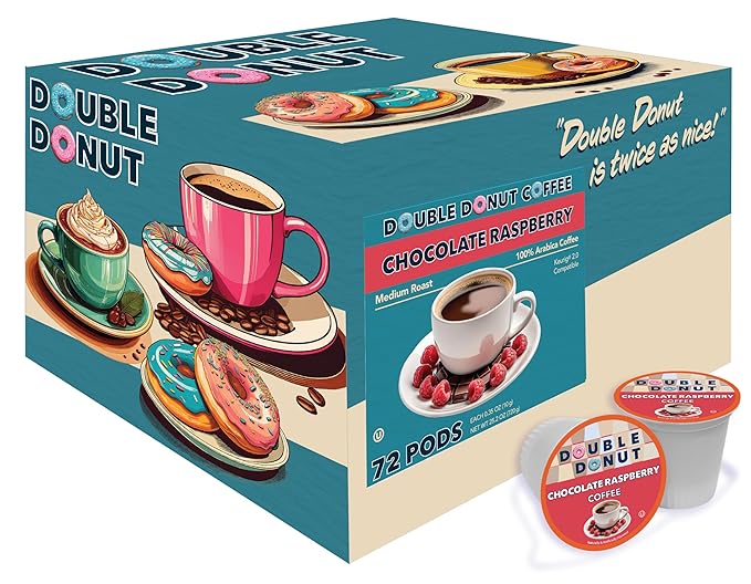 Double Donut Chocolate Raspberry Flavored Coffee Pods, Medium Roast Coffee, Compatible with Keurig K Cups Brewers, 72 Count