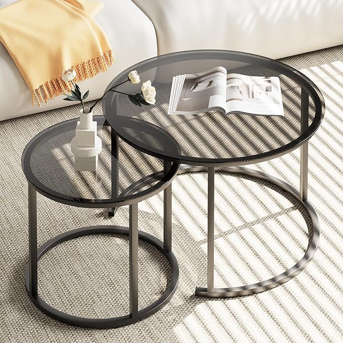 aboxoo Nesting Coffee Table Grey Glass Table Set of 2, Small Round Glass Nesting Tables for Living Room Bedroom, Accent Tea Table with Metal Frame Modern Industrial Simple