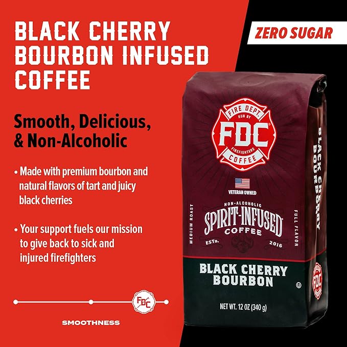 Fire Department Coffee - Black Cherry Bourbon Coffee - Gives Back to Firefighters - Premium Bourbon Infused Ground - Non-Alcoholic - Roasted in the USA - Veteran Owned - 12 oz