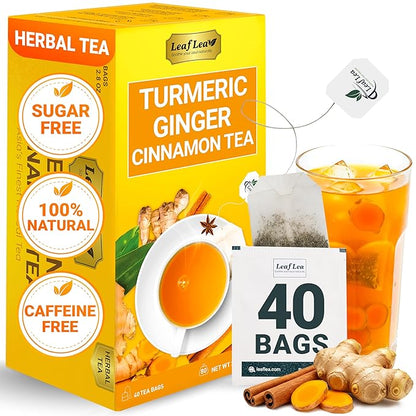 LeafLea 40 Turmeric Ginger Cinnamon Tea Bags, 100% Natural Ingredients Herbal Tea, Turmeric Ginger Herbal Blend for Wellness, Vegan, No Sugar, Caffeine-Free, Individually Wrapped for Freshness