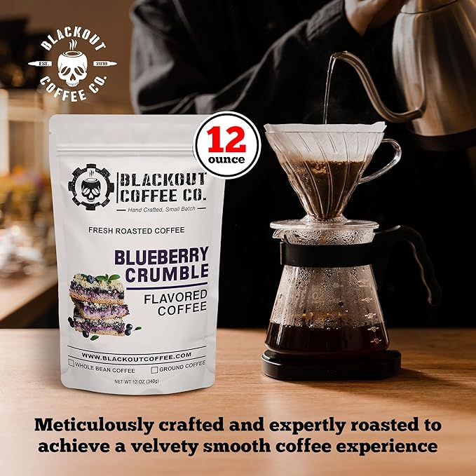 Blackout Coffee Blueberry Crumble Flavored Ground Coffee – Medium Roast, Smooth Taste, Guilt-Free Indulgence – Freshly Roasted 12oz Bag