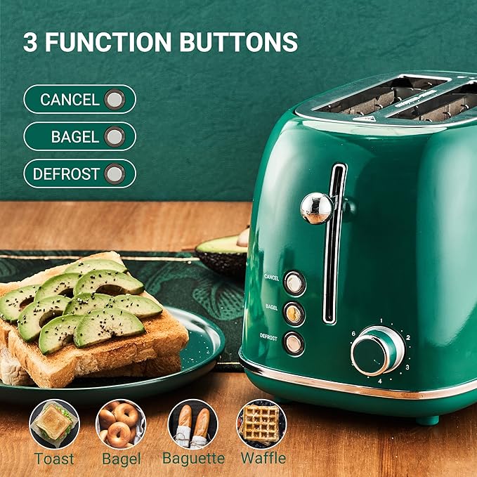 Roter Mond 2 Slice Toaster Retro Stainless Steel with Bagel, Cancel, and Defrost Functions, 6 Bread Shade Settings, Extra Wide Slots and Removable Crumb Tray, Green
