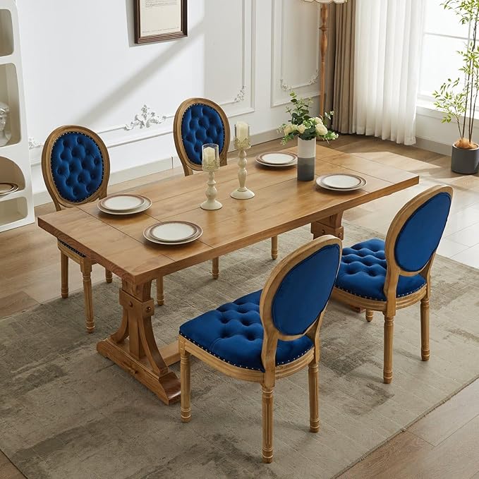 French Country Dining Chairs Set of 6, Vintage Wooden Dining Chairs with Fabric Upholstered Tufted Seat,Solid Wood Legs&Frame, Farmhouse Kitchen&Living Room Chairs(Blue,6 Pcs)