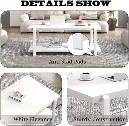 FOLUBAN White Coffee Table, Modern Rustic Wood and Metal Center Table with Storage Shelf, Rectangle Cocktail Tea Table for Living Room, 42 Inch