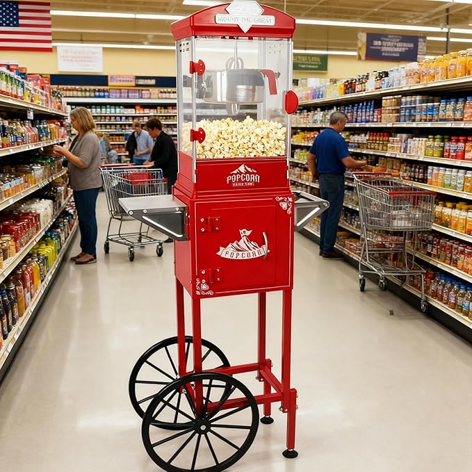 10oz Popcorn Machine with Cart, Wheels & Stainless Steel Kettle, Vintage Movie Theater Style, Popcorn Maker Machine for Parties, Events, Home & Commercial Use, Red