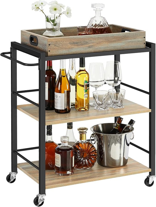 VASAGLE Kitchen Serving Cart with Removable Tray, 3-Tier Kitchen Utility Cart on Wheels with Storage, with Brakes, Leveling Feet, 15.7 x 28.3 x 33.9 Inches, Turquoise Brown and Ink Black ULRC072K60