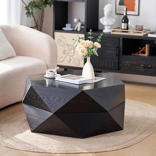 36.61" Modern Drum Coffee Table with Hidden Storage, Farmhouse Coffee Table, Retro Round Coffee Table for Living Room, Office, Black