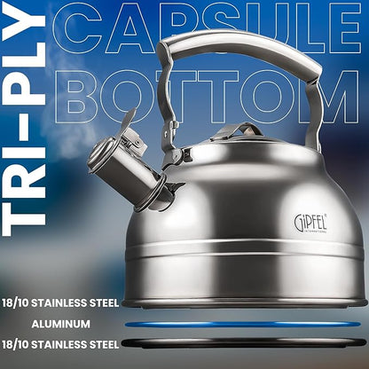 Whistling Tea Kettle Stovetop - Food Grade Stainless Steel Teapot for Stove Top with Ergonomic Handle for Gas, Induction, Electric Stovetops 2.3 Quart