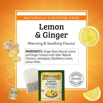 Twinings Lemon & Ginger Herbal Tea Individually Wrapped Bags, 50 Count (Pack of 6), Tangy Lemon & Spicy Ginger, Naturally Caffeine-Free, Enjoy Hot or Iced, 300 Teabags
