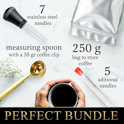 WDT Tool Espresso, WDT Tool, 7 needles 0.35mm with 5 extra, Espresso Distribution Tool, WDT black, Coffee Scoop with Clip 35g, Espresso Tools, Espresso WDT, Espresso WDT Tool,