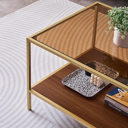 Glass Coffee Table for Living Room and Bedroom, 2-Tier Mid-Century Modern Table with Amber Tempered Glass Top and Walnut Finish Wood Shelf, Metal Legs with Gold Finish