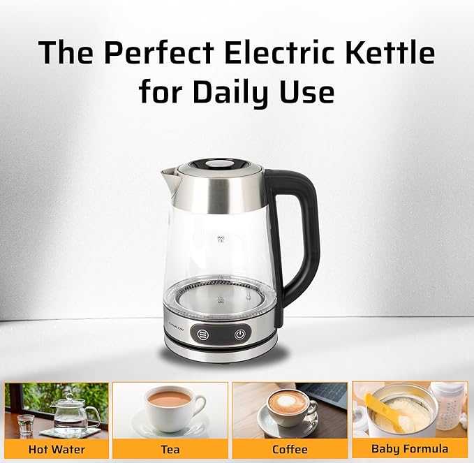 Epsilon 1.8L Glass Electric Kettle – Hot Water Tea Kettle with Borosilicate Glass & Stainless Steel, Auto Shut-Off, Fast Boil 1100W Electric Teapot, BPA-Free, Cool Touch Base