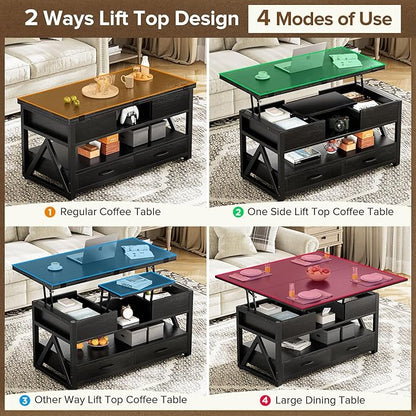 40" Lift Top Coffee Table,4 in 1 Multi-Function Lift Coffee Tables with Storage Drawers and Hidden Compartmen,Farmhouse Coffee Table with Lifting top for Living Room,Black