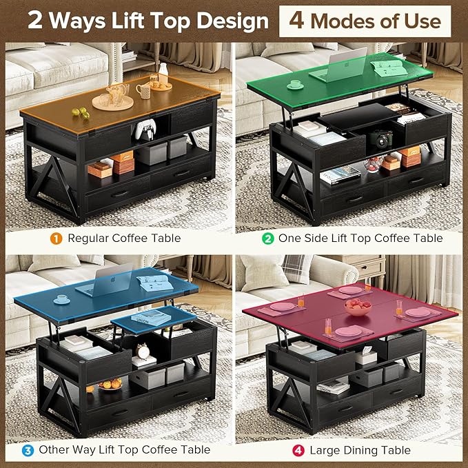 40" Lift Top Coffee Table,4 in 1 Multi-Function Lift Coffee Tables with Storage Drawers and Hidden Compartmen,Farmhouse Coffee Table with Lifting top for Living Room,Black