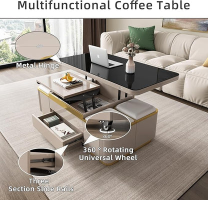Modern Lift Top Coffee Table with 4 Storage Stools, Extendable Coffee Table with Wheels, 3-in-1 Multifunctional Center Table, Space Saving Folding Dining Table for Living Room, Easy Assembly