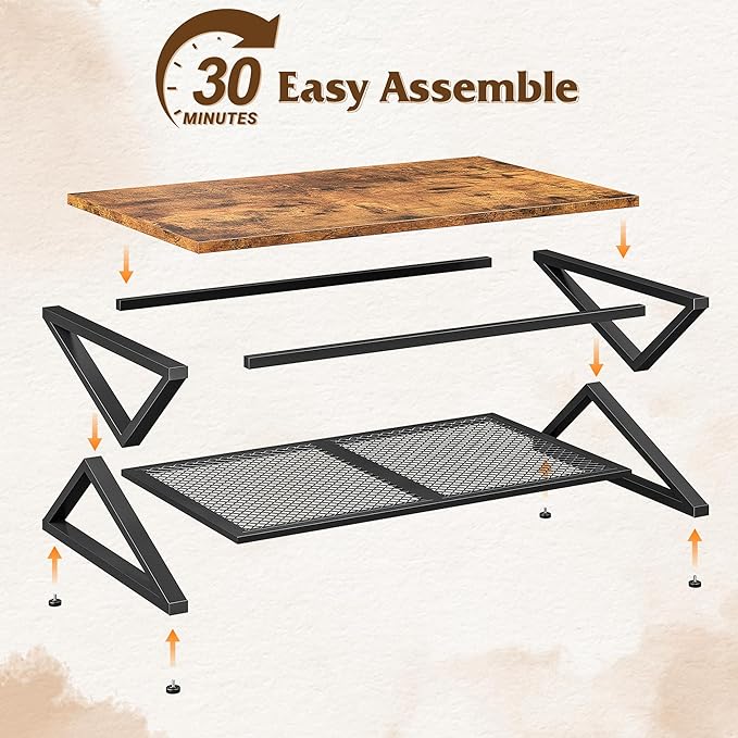 EnHomee Coffee Table with Storage, Modern Coffee Tables for Living Room with Mesh Shelf, 2 Tier Rectangular Center Table for Living Room, Bedroom, 47.2 Inch, Rustic Brown