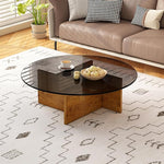 Load image into Gallery viewer, EASYSOUL Modern Round Glass Coffee Table with Wood Base for Living Room, 35.43" D x 35.43" W x 13.78" H, Mid Century Circular Center Coffee Tables with Tempered Glass Top (Walnut-Grey Glass/35.43 ")