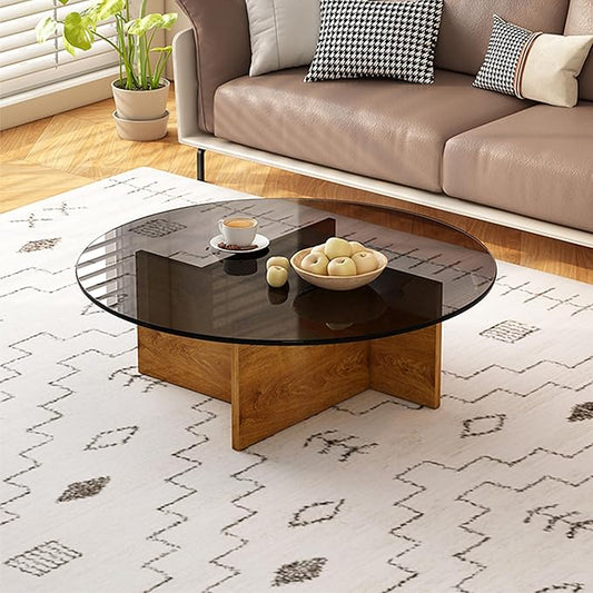 EASYSOUL Modern Round Glass Coffee Table with Wood Base for Living Room, 35.43" D x 35.43" W x 13.78" H, Mid Century Circular Center Coffee Tables with Tempered Glass Top (Walnut-Grey Glass/35.43 ")