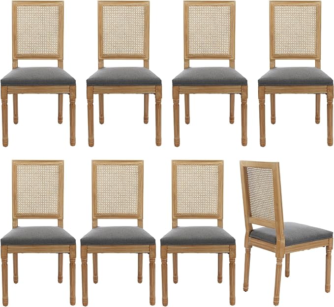 Vintage French Country Dining Room Chairs Set of 8, Rattan Dining Chairs With a Square Back, Grey Upholstered Dining Chair, Sillas para Comedor, Kitchen & Dining Room Chair (Gray, Rattan, 8Pcs)