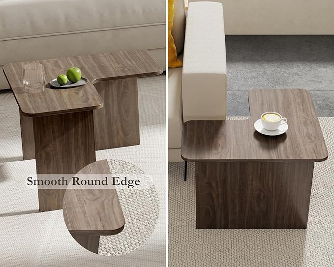 VESCASA Modern L Shaped Nesting Coffee Table Set of 2 Modular Rectangle Walnut Wood Table for Living Room