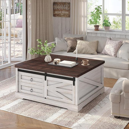 Itaar 39.4'' Lift Top Coffee Table with Storage, Farmhouse Coffee Tables for Living Room, Square Coffee Table with Large Hidden Compartment & 2 Drawers & Adjustable Shelves, White