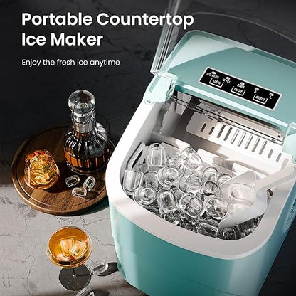 AGLUCKY Ice Makers Countertop with Handle,26.5Lbs/24H,9 Cubes in 6 Mins,2 Sizes of Bullet Ice,Portable Machine with Self-Cleaning,Perfect for Home Kitchen(Green)