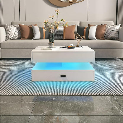 LED Coffee Table for Living Room - 2-Tier Modern High Gloss Square Table with Storage Drawers, 24-Color Adjustable Lights, Contemporary Wood Tea Tables for Home Office & Waiting Room,White