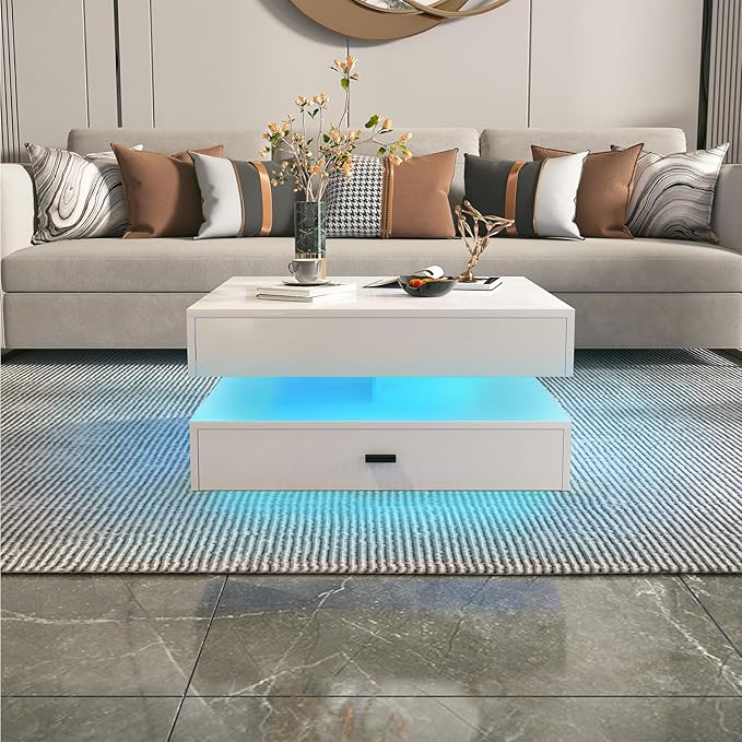 LED Coffee Table for Living Room - 2-Tier Modern High Gloss Square Table with Storage Drawers, 24-Color Adjustable Lights, Contemporary Wood Tea Tables for Home Office & Waiting Room,White