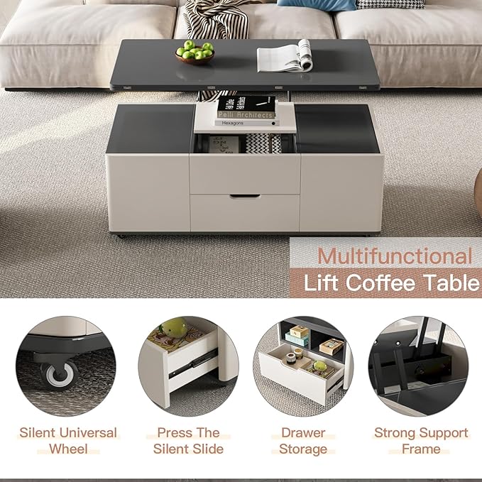 Lift Top Coffee Table with 4 Stools, 3 in 1 Multi-Function Center Table, Modern Lift Tabletop Coffee Table, Extendable Dining Table for Living Room (47.24 Inch)