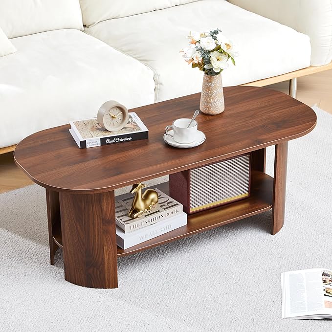 43.3” Oval Coffee Tables for Living Room, Wood Farmhouse Coffee Table with Storage, 2-Tier Center Table with Storage Shelf Low Tea Table for Small Space, Home, Office (Walnut)