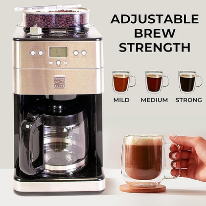 Kenmore Elite Grind And Brew Coffee Maker - Burr Grinding Ground Coffee Bean Hopper With Drip Pot, 12 Cup Programmable Automatic Brew Coffee Machine For Barista Style Cafetera, Use For Kitchen & Café