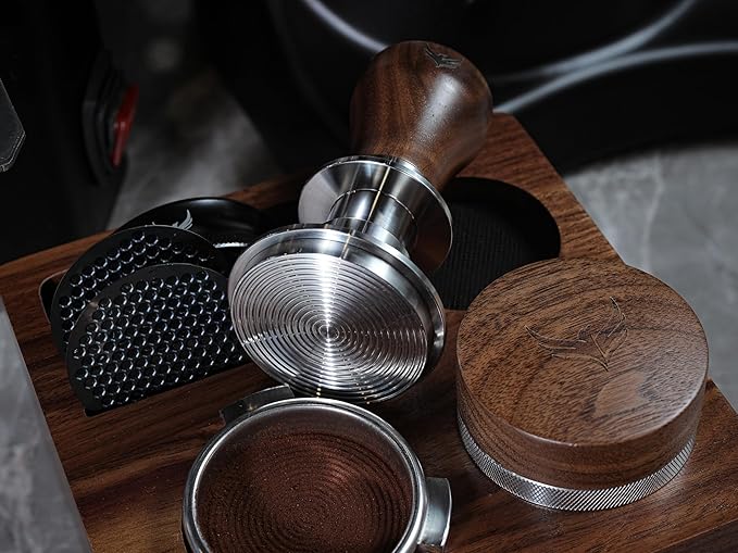 58.5mm Tamper with Walnut Handle Self-Leveling & Double Spring Loaded Calibrated Design – Fits 58mm Portafilters for Precise Consistent Shots