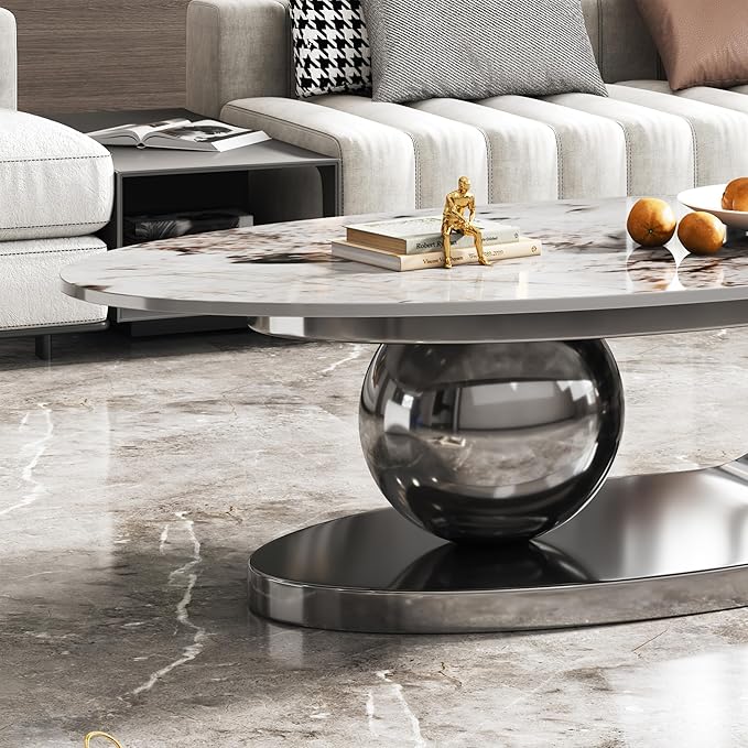 Marble Grain Coffee Table with Silver Stainless Steel Pedestal,Modern Coffee Tables,Oval Living Room Table with Faux Marble Top & Luxury Legs,Sintered Stone Cocktail Center Table,51.20inch