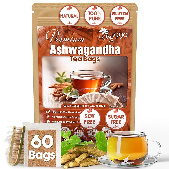 TOG999, Premium 60 Ashwagandha Root Tea Bags, 100% Natural & Pure, Ashwagandha Root Herbal Tea. No Sugar, No Caffeine, No Gluten, Vegan.
