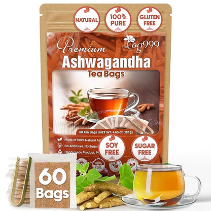 TOG999, Premium 60 Ashwagandha Root Tea Bags, 100% Natural & Pure, Ashwagandha Root Herbal Tea. No Sugar, No Caffeine, No Gluten, Vegan.
