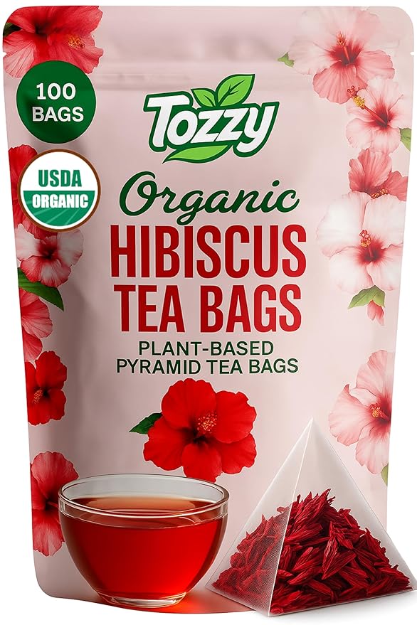 Tozzy Organic Hibiscus Tea - 100 Count | Pyramid Tea Bags (Plant-Based & Eco-conscious) | Pure Ingredients | Packaging May Vary