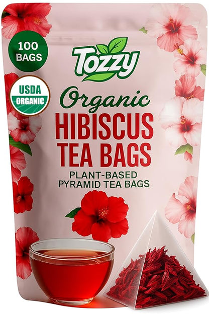Tozzy Organic Hibiscus Tea - 100 Count | Pyramid Tea Bags (Plant-Based & Eco-conscious) | Pure Ingredients | Packaging May Vary
